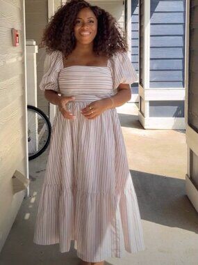 Abercrombie & Fitch Emerson Puff Sleeve Midi Dress Striped Tan White Size XXL